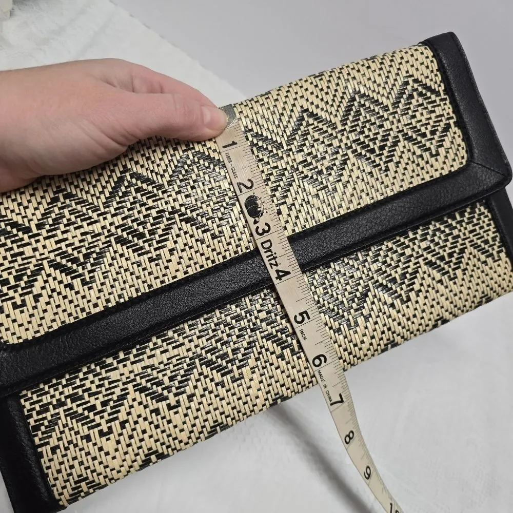 Banana Republic Chevron Straw Clutch Black Vegan Leather Trim Boho Chic NWT